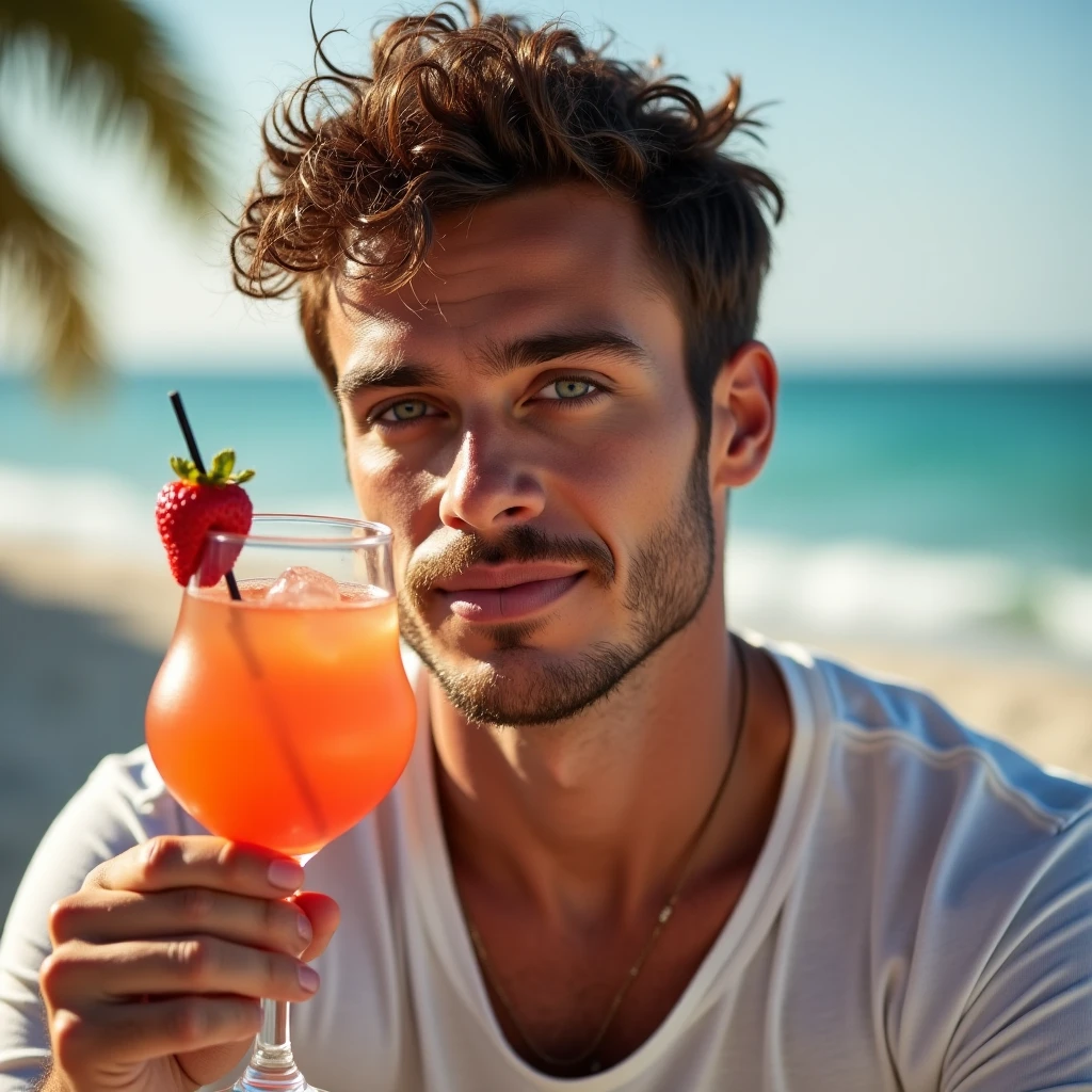 realistic man 25 to 35 years old, Drinking Acai on the Beach, salmonete, in park, ultra HD, high qualiy, best qualityer, high resolution, 8k, 16K