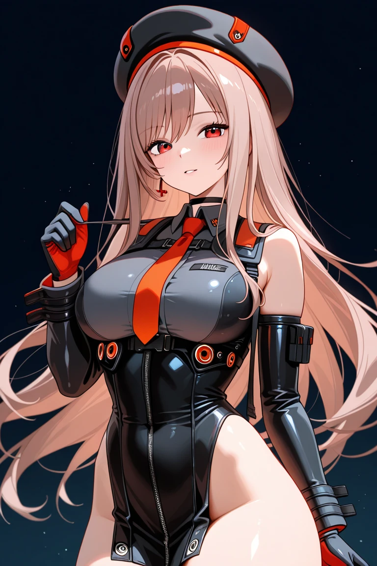 top-quality、Top image quality、​masterpiece、girl with((Beautiful fece、20yr old、Best Bust、big bast、Bust 85,Red eyes to issue、Breasts wide open,Valley、Blonde long hair、A slender、Disheveled black Y-shirt、a black skirt、Black spats、Large valleys、get angry、Happiness、Wireless Earphones,Dark circles in the eyes)）hiquality、Beautiful Art、Background with((Cyber Laboratories,Many flying drones、darkened room、Retro Laptops)),Depth((Numerous monitors))masutepiece、Elaborate design、visualart、depth of fields、
