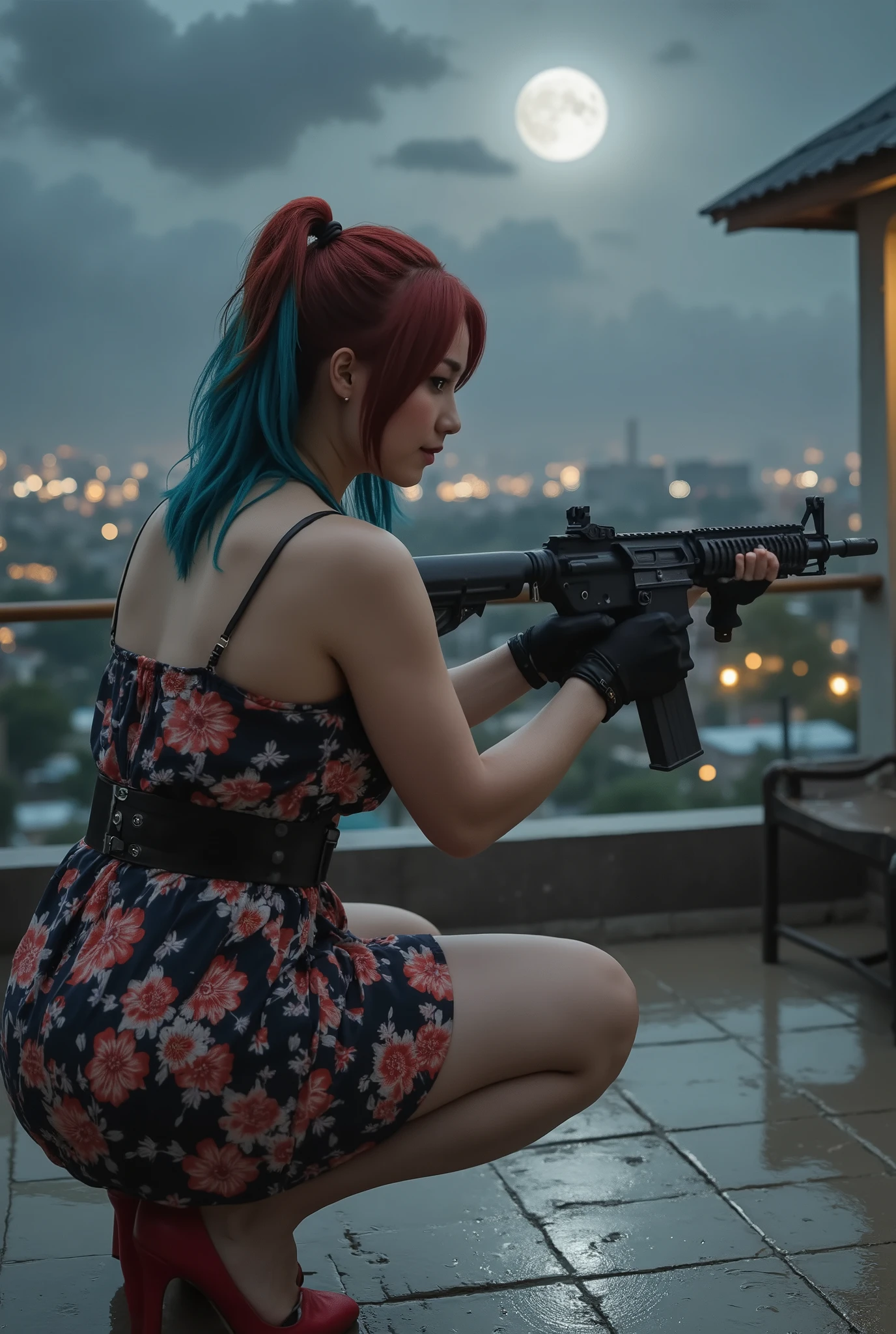 (Hyper-realistic ), (high resolution), (8K), (extremely detaile), (best illustration), (Beautiful and delicate eyes), (Best quality), (Super detailed), (tmasterpiece), (Wallpapers), (Detal Face), (not anime), (A A wide, jakarta building rooftop under a moonlit night sky. A crouching citra kirana pose She grips an M4 rifle tightly in a ready-to-fire stance, body tense and alert. The wind brushes past, carrying loose strands of hair. In the distance, the silhouettes of rooftops and glowing village lights create a sense of height and secrecy. The atmosphere is quiet and filled with suspense. She wears a tight-fitting Indonesian floral daster, ending just above the knees, with a low neckline. The fabric clings to her body from the rain, showing her graceful silhouette ,She strapped a kunai pouch securely to her right thigh, black gloves,red high heels,her toned figure poised with fierce focus. Her red blue hair is styled in a high messy bun, with soft bangs and loose strands gently blowing in the night wind. The wide open stone courtyard is dimly lit, with shadows and faint mist adding to the tension. Realistic lighting, dramatic moonlight,, casting golden light. , dynamic pose, detailed clothing and hair, epic atmosphere, cinematic lighting, 4K ultra detailed.),