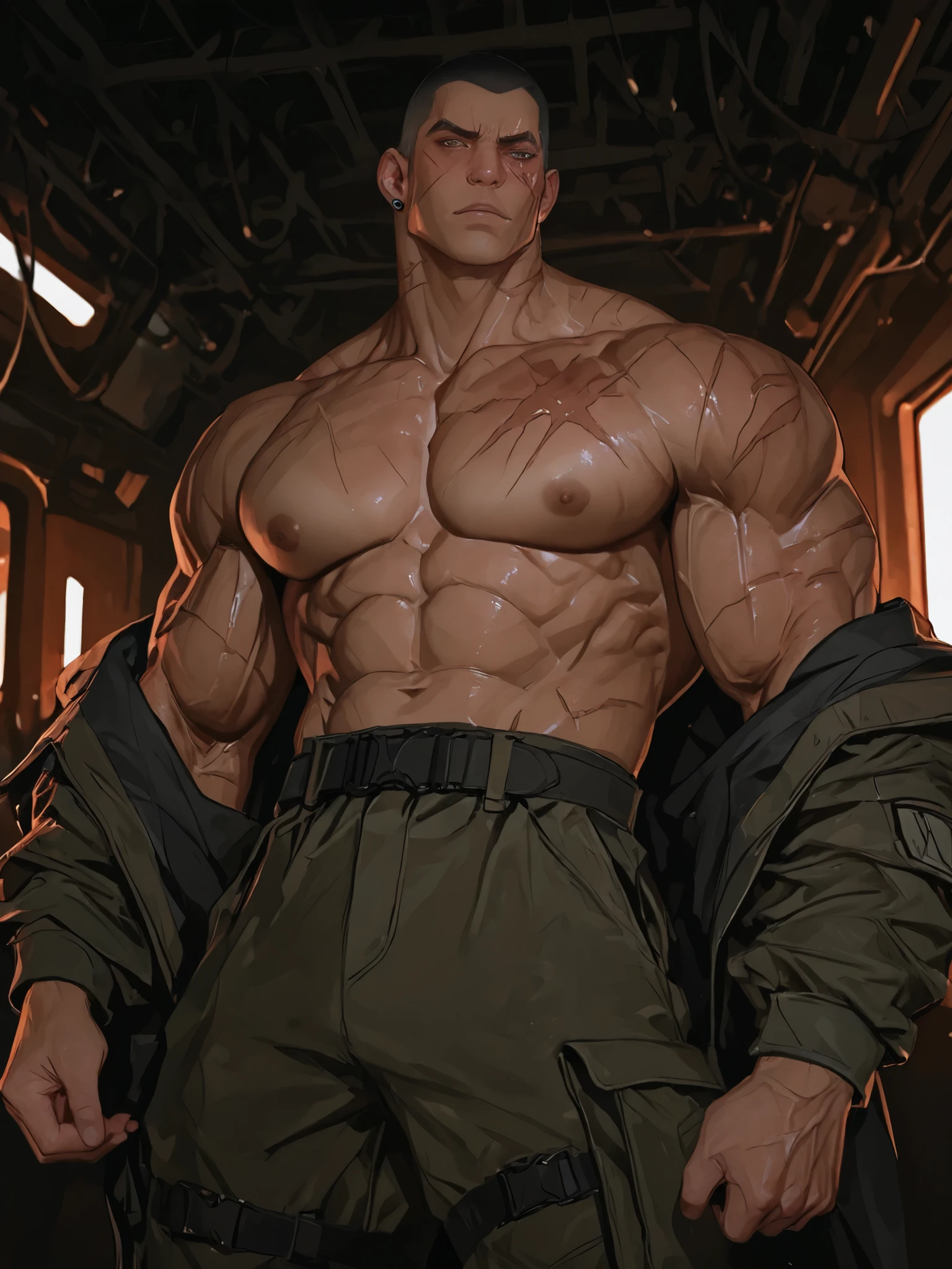 full body portrait, strong burly hairy mature older man(space captain), wearing futuristic captain's uniform insignia (neon and black) (open and revealing) (latex) , gray hair, reflective sunglasses (neon yellow rims), broad shoulders, round belly, thick feet, bulging micro thong, barefoot, scifi spaceship captain uniform, neon lights, best quality elegant masterpiece, face looks like Tom Selleck (Magnum PI) , military buzzcut, dark mustache, gray stubble, latex, wearing a latex thong, big bulging crotch, futuristic gear equipment, wearing see through plastic chest armor (neon yellow and electric blue), wearing neon yellow see through chest armor, wearing electric blue latex chaps(see-through) , wearing cool neon sneakers,in spaceship cockpit, lying in spaceship sleeping quarters(bed) (view from above), smiling with teeth showing, nicebulge, waiting in bed, glowing armor, legs up(!) and spread(!) , big muscle ass, wet and dripping ass, visible asshole(!) , wet asshole, hairy pecs, thick long legs, silver hair