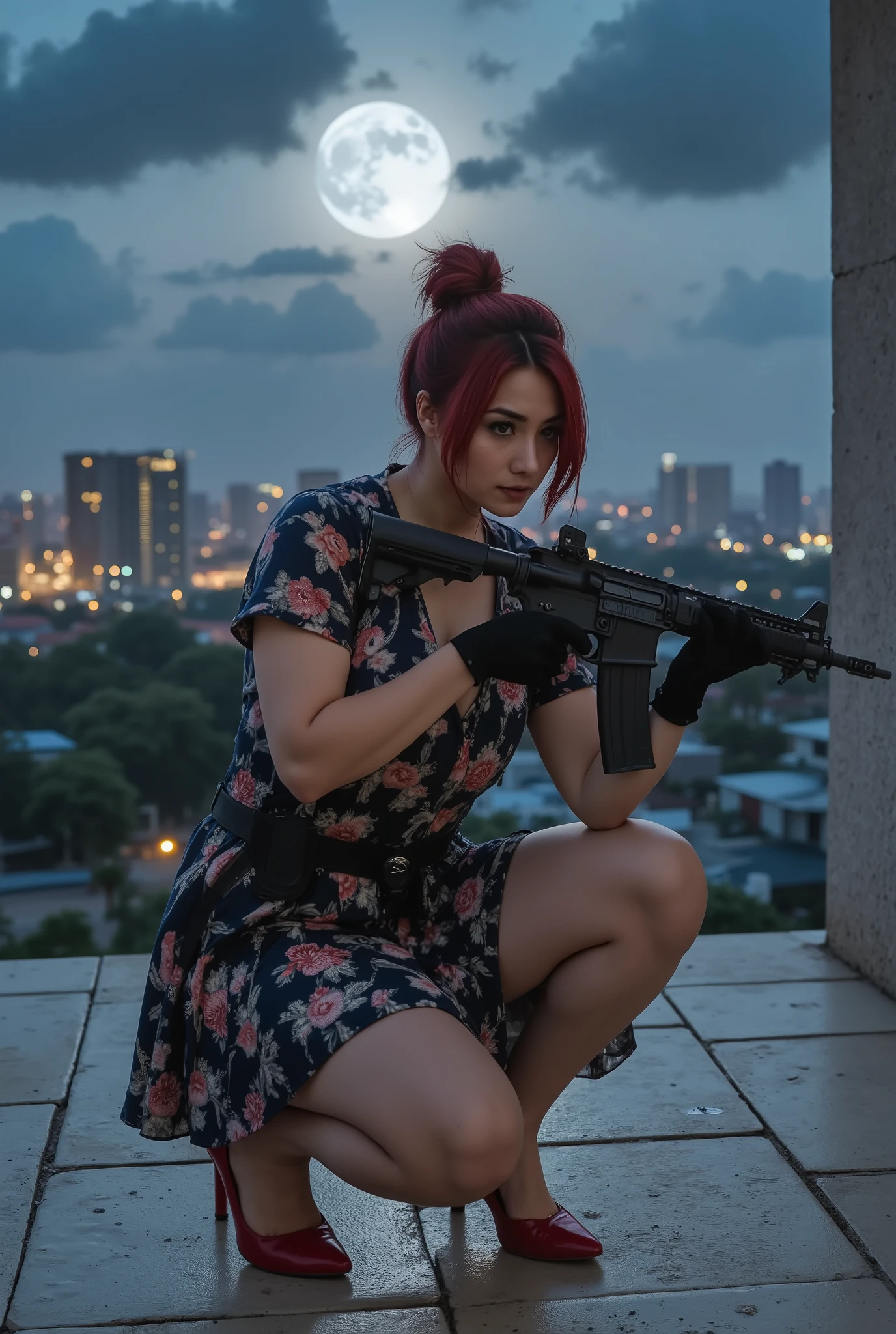 (Hyper-realistic ), (high resolution), (8K), (extremely detaile), (best illustration), (Beautiful and delicate eyes), (Best quality), (Super detailed), (tmasterpiece), (Wallpapers), (Detal Face), (not anime), (A A wide, jakarta building rooftop under a moonlit night sky. A crouching citra kirana pose She grips an M4 rifle tightly in a ready-to-fire stance, body tense and alert. The wind brushes past, carrying loose strands of hair. In the distance, the silhouettes of rooftops and glowing village lights create a sense of height and secrecy. The atmosphere is quiet and filled with suspense. She wears a tight-fitting Indonesian floral daster ,She strapped a kunai pouch securely to her right thigh, black gloves,red high heels,her toned figure poised with fierce focus. Her red blue hair is styled in a high messy bun, with soft bangs and loose strands gently blowing in the night wind. The wide open stone courtyard is dimly lit, with shadows and faint mist adding to the tension. Realistic lighting, dramatic moonlight,, casting golden light. , dynamic pose, detailed clothing and hair, epic atmosphere, cinematic lighting, 4K ultra detailed.),