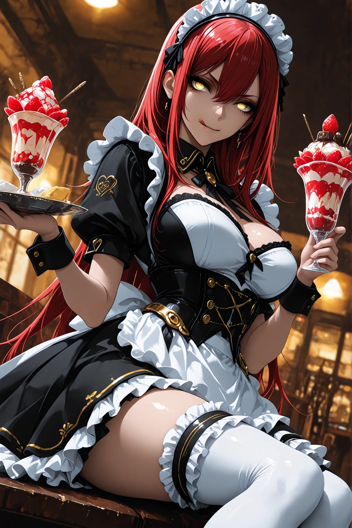 ((anime coloring:1.25)), 1 woman, golden eyes , very long hair , long sidelocks, red hair , half upon, mediumlarge breasts , petite , very cute , beautiful ,Straight hair, cool, handsome, hair between eyes,
, evil smile, maid, maid outfit, ta fashion, maid headdress, frilled dress, ribbon dress, frilled thighhighs, bare shoulder, layered skirt,
holding plate, cute parfait on plate, sitting, licking lips, maid cafe
(((dynamic pose, dynamic angle))), dutch angle, scenery