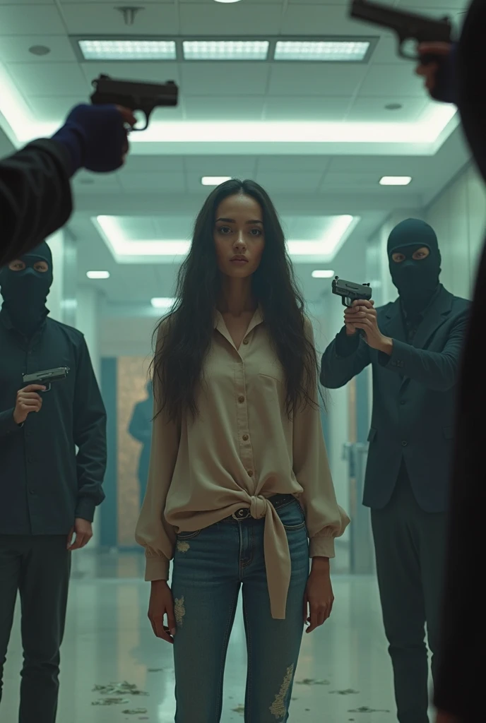 4 men black men all faces covered in their middle is a dark skin lady in her 20s scared and about to scream