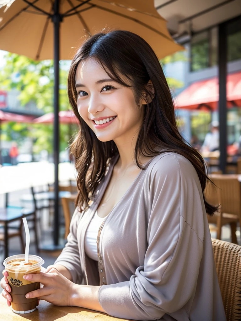 Highest Resolution, 4K, masterpiece: 1.3), Japanese Mature, A photo of a woman, sexy: 1.1, Beautiful Eyes, Slim figure, Realistic teeth, double eyelid, smile, whole body, Highest quality, detailed, beauty, Married women, At the cafe