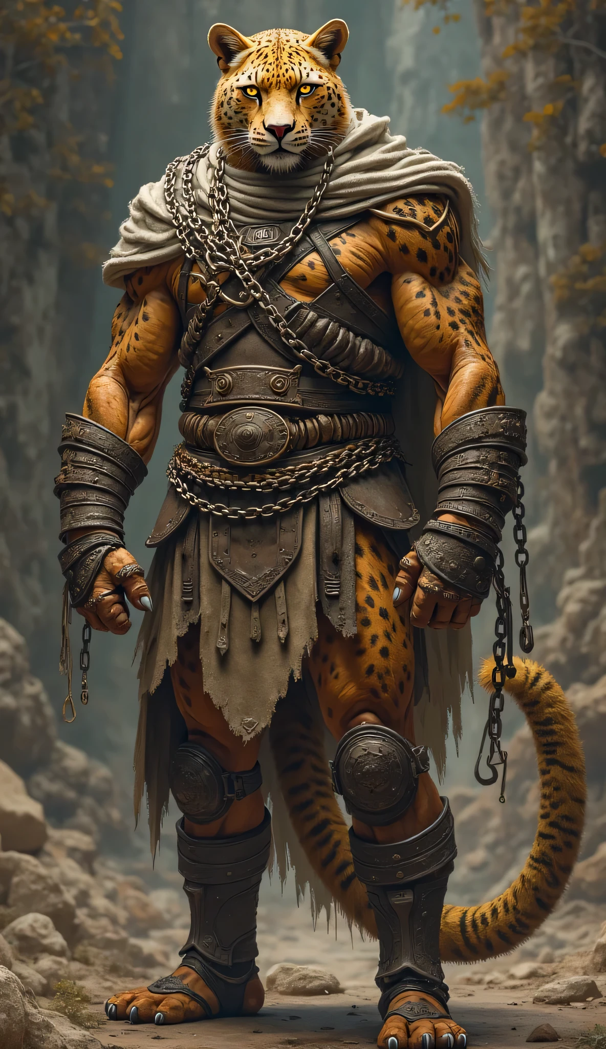 Jaguar animal warrior carrying a bundle of cement on his shoulder