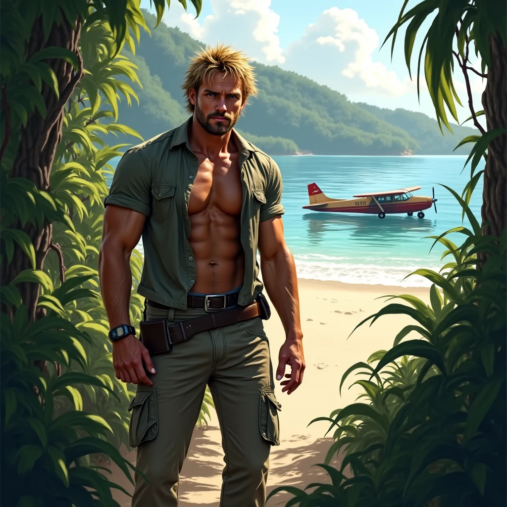 Illustration in Leyendecker style: muscular Chris Hemsworth paratrooper and paratrooper, wearing only swimming trunks, big bulge, boner, erection