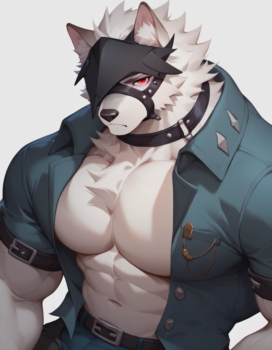 Von Lycaon Zenless Zone Zero for PonyXL Muscular male, , good quality. Muscular, buff, nice wide Pecs. Stern face. White wolf. Wearing a tight black thong. Naked. 4k. Ultra high quality, massive bulge. Nipples