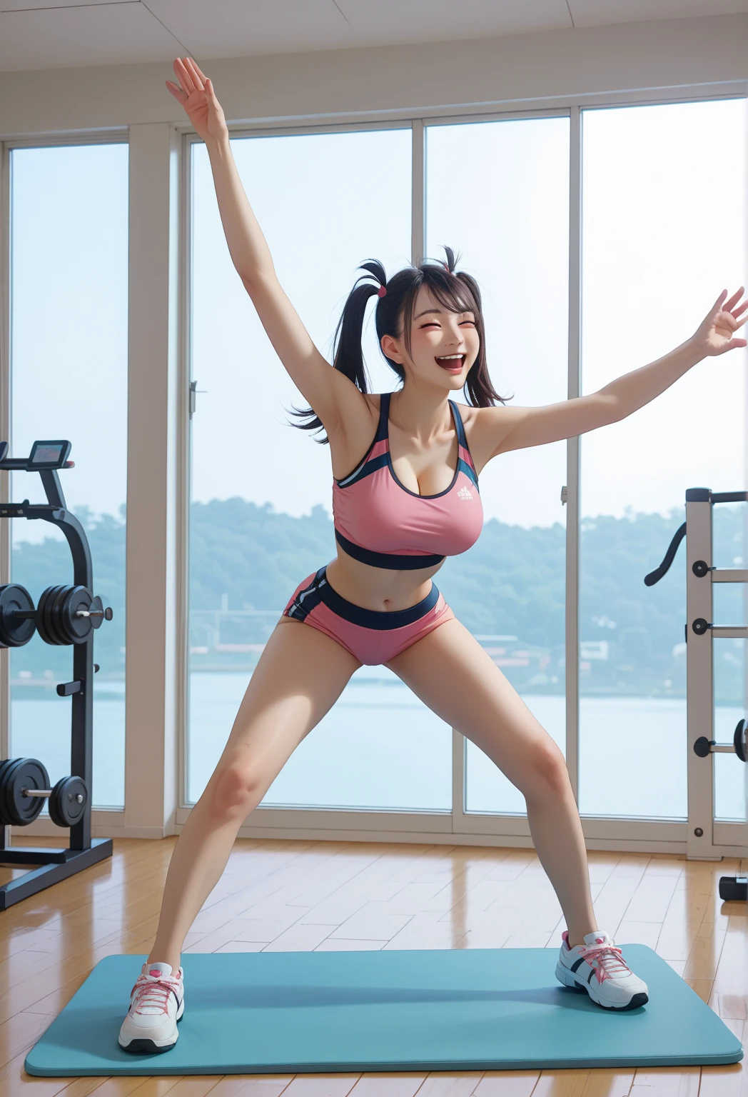 Good hands, 4K, 1 girl,) RAW portrait of a girl exercising in the gym), sweaty, high-resolution, masterpiece, top quality, head: 1.3, (Korean K-pop idol) Chunri, twin tails, very cute, fine-grained skin, focusing, (cinema lighting), collarbone, soft lighting, dynamic angles, [: (Detailed face: 1.2): 0.2], Thigh Gap, Slim Body, (M Breasts)), Full Body, (Gym Clothes), (Gym Shorts), Tank Top, Gym Background, Gym Equipment, (Anime, official_art: 1.1), (Anime Screenshots: 1.1), (Girl 1, Solo Focus: 1.2), (Fisheye: 0.9), Ray Tracing: 0.5, Depth of Field: 1.0, Bokeh: 0.6, Gold Ray: 1.0, vivid colors: 0.8, cinematic hard lighting: 0.7, real shadows: 1.2,