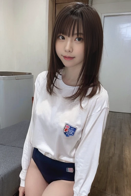 Japanese junior high school student, small breasts, neat, serious, honor student, in front of a white wall, cute woman, normal face, looking up, smiling, half-opened, Japanese woman, figure, real, erection, slender body, dark skin Sunburn marks on torso, double teeth, spread legs, front angle, very small breasts, body, short stature, otaku girl, very young, wearing