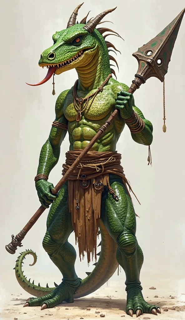 The character is an aggressive toad, Pathfinder class, DND, in scaly clothes, full length, humanoid,, blunt appearance, Fantasy, Hunting bow behind your back, Agile fighter, in a tracker costume, charismatic, in the hand of the Nurian hook, Male gender, There is a butt knife on the belt, Medium build, frontal view