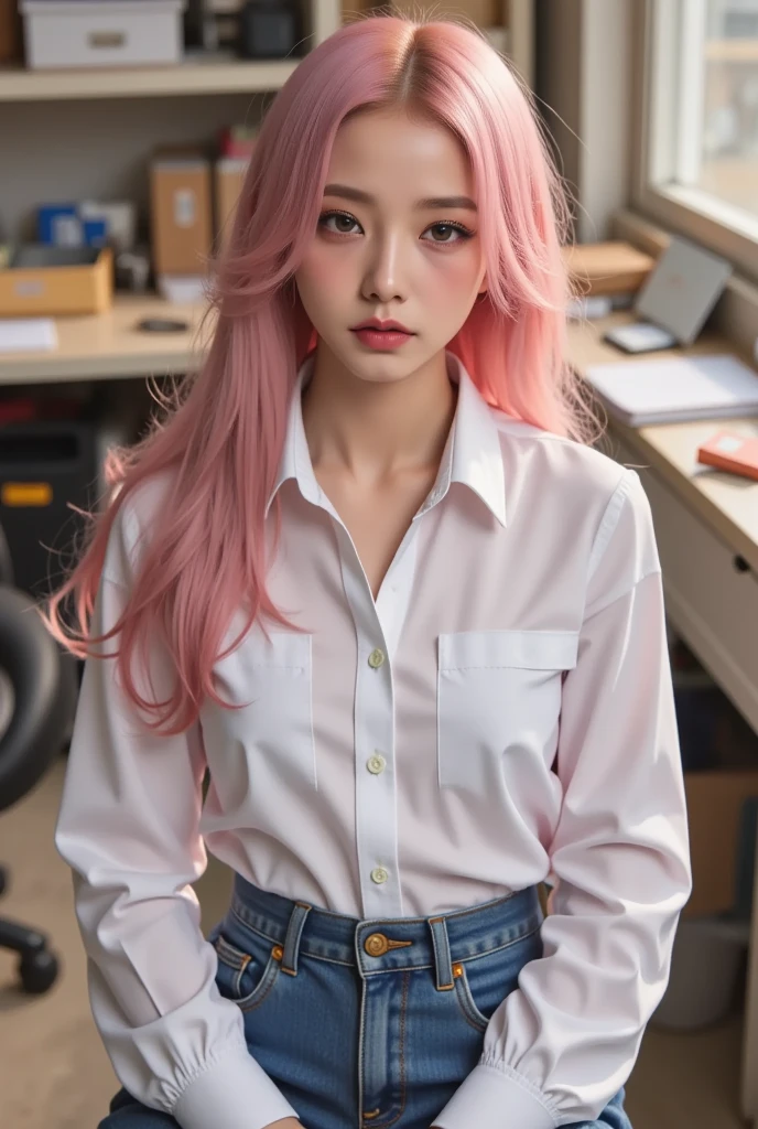 masterpiece, Highest quality, Super Fine, Super Fine, 4K, 8k, Highest quality, beautiful, Cute Woman, alone, (beautiful pink hair, beautiful eyes, Long Hair, smile), break , breakfast,Office Casual,necklace, Earrings, accessories, Great lighting, bloom, Excellent resolution, Very detailed, Highest quality, High resolution, (((Wearing a white cropped collar shirt, Black tight skirt))),Shopping Street,
