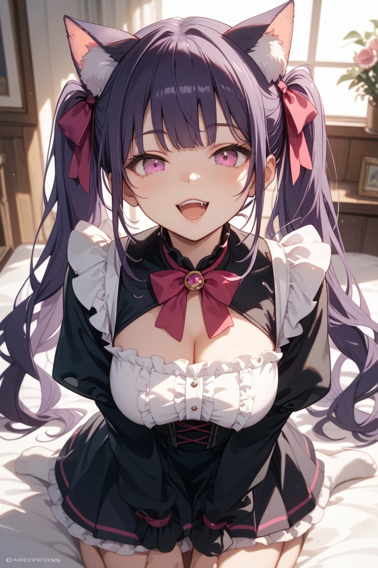 Fox Girl, Big Breasts, Voluminous purple hair, masterpiece , Red eyes、Blushed cheeks、 hd, from head to chest, buried in my chest、Underbust、piece、hair band