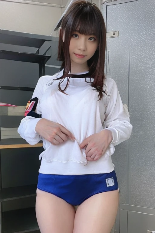 Teenage Japanese nearsighted girl, Sports bra, Bloomers made by Capital Ace、Bloomers made by CAPITAL ACE、Cobalt Blue Bloomers, bloomers, pointy big breasts, very small nipples, Sandy bloomers、Thin legs,Long white socks ,Embarrassed face, volleyball,open small, View from below、Dirty full body view、Small buttocks with rough skin