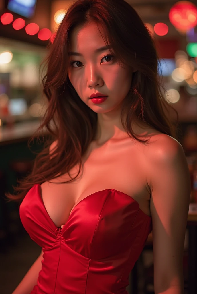 best image quality. High resolution. A beautiful Korean woman waits for a man's invitation at a dark bar counter. She has a body that fascinates everyone. Her cleavage is beautiful. Her red dress makes her look even more attractive. she puts her hand on her chest. Her soft, gentle eyes and lustrous lips.