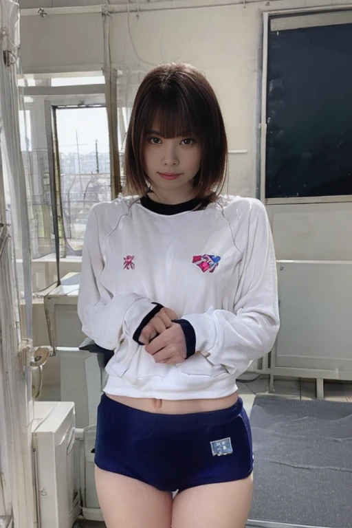 (Beautiful Japanese Woman:1.3),gym、Volleyball Player、Looking into the camera、round face、Attractive eyes、Big Breasts、Bobcut、whole body、Thighs、(Small areola)