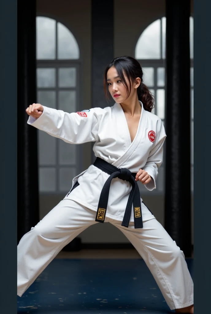女性karate, Battle preparation pose, in a karate道場ring, She's ready to fight, Take a fighting stance, Middle cockscomb pose, karate, karate match, Young Japanese Woman, (Japanese Girls, Baby Face:1.3, Idol Face:1.2), Slender beautiful breasts, (karateの道着, Wearing black bra and panties), Black belt, karate大会, ((Detailed eyes and face:1.2, Professional photography techniques)), (Highest quality, 8K, masterpiece:1.2, RAW Photos), (Photorealism:1.4)
