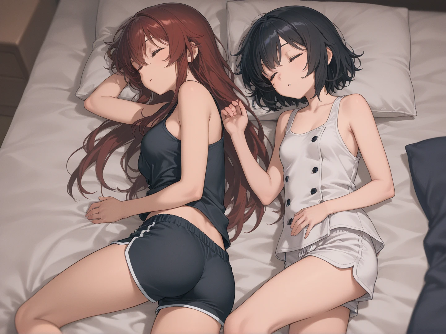 (Highest quality), (masterpiece), highly detailed, Ultra-high resolution, 2 girls, Mikasa sisters sleeping side by side, close together, On the left side of the bed, MikotoMikasa is sleeping without realizing it while I insert my penis into her and have sex with her. I am caressing her vagina with my right hand while MikotoMikasa is sleeping with her legs spread apart in a tight camisole., whole body, Eyes that are uniform in shape, Sleeping with both eyes closed, Brown Hair, Short hair with the right side parted and the hair swept back, Short hair with the nape of the neck flipped outwards, Short side hair, She has a full head of pubic hair, Beautiful Vagina, White semen is spilling out from the gap between her vagina and my penis inserted in her vagina., A small cross-section of a uterus with a penis expelling semen in the background, 