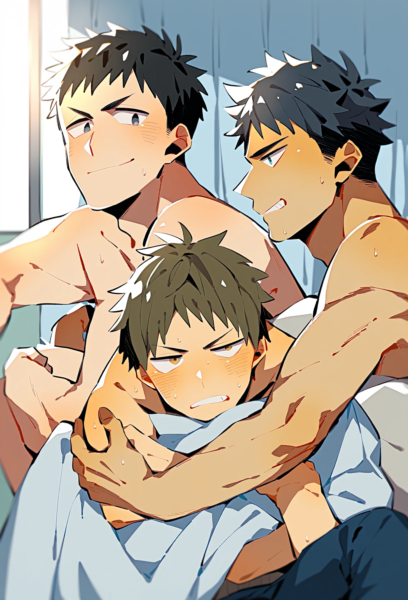 In the showers the 3 boys from the soccer team shower after the game, they are all 24 years old, body touch, 
