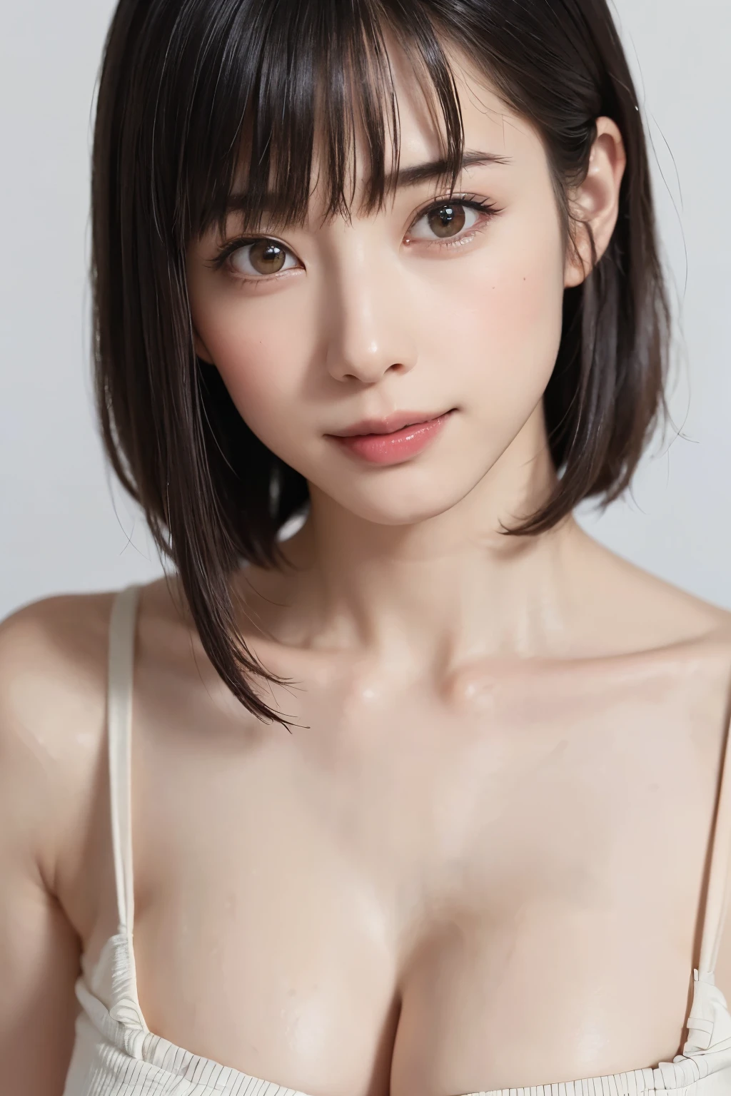 (masterpiece, highest quality),1 girl, alone, scarf, have, realistic, realistic, looking at the viewer, light colored black eyes, Brunette short bob hair with highly detailed shiny hair, Winter clothes, Whity, lips, bangs, outdoor, closed mouth, Upper body、Big eyes、eyelash、((There'There'There'There'There'There'There'、very simple red background:1.8))、(((bangsのあるショートヘア、Big eyes、big and full chest、look at the audience、beautiful beauty、show me your ears、long neck、smile、please close your mouth and smile)))、ideal body proportions、{Huge|big|Hugeな|mega} chest, cleavage、幸せなsmile