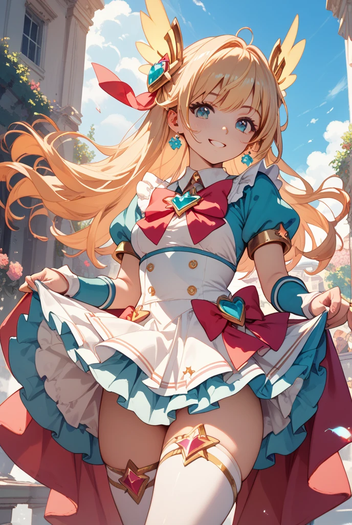 Pecorine, Pecorine, Blue eyes, Hair Ornament, Long hair, Orange hair, tiarra, braid, Hair braid,
Break Arm Belt, armor, ascot, Blue socks, long boots, Dress, gloves, Hair Ornament, Open your clothes, open dress, pauldrons, Pleated skirt, Puffy Short Sleeves, Puffy sleeves, Red Ascot, Red skirt, Short sleeves, Shoulder Armor, Single-pole drone, Skirt, sox, White Dress, wet panties, white footwear, White Gloves,
BREAK looking at viewer, spreading legs, skirt lift, BREAK indoor, in modern kitchen background, sitting on kitchen chair,
BREAK (masutepiece:1.2), Best Quality, High resolution, Unity 8k壁纸, (Illustration:0.8), (Beautiful detailed eyes:1.6), extra detailed face, Perfect Lighting, extremely details CG, (Perfect hands, Perfect Anatomy),、(Skirt lift:1.3), (white panties:1.3)、(Skirt that rolls up:1.3)、(Fully exposed panties:1.5)、outside of house、plein air、Smile with open mouth、cowboy shot、