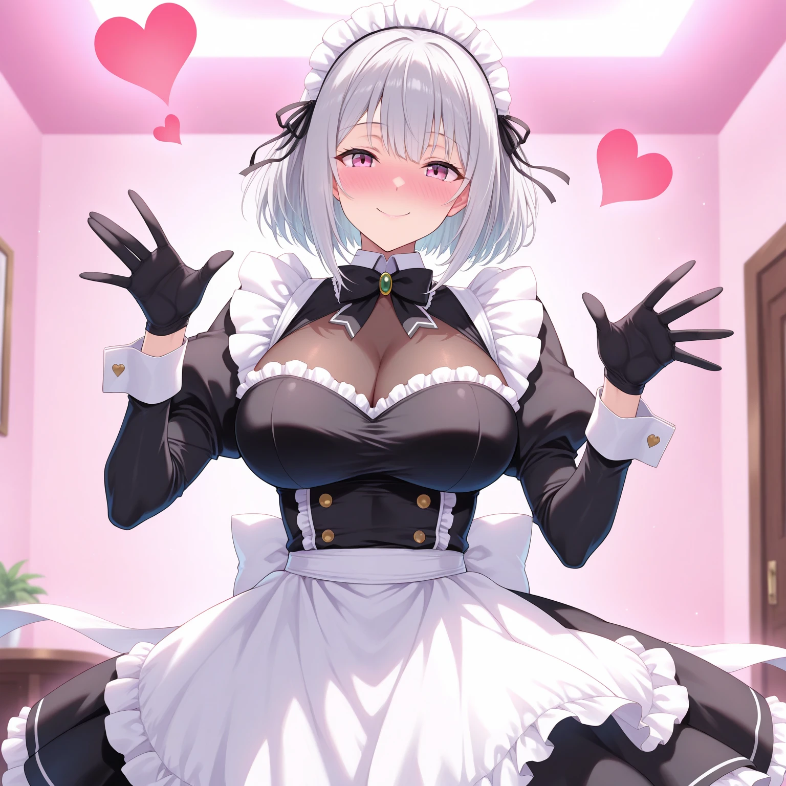 maid cafe,pink light,1girl,silver hair,black maid dress,brack,long bubble skirt,large breasts,See-through cleavage,See-through black glove,{{{very aesthetic, best quality, intricate, extremely detailed CG, masterpiece,highest quality,high resolution, hyper-detailed, amazing quality, excellent,ultra-high resolution,hi-vision anime,parfect anatomy,well-proportioned eyes,perfect eye side by side,One hand with four fingers and one thumb}}},full-face_blush,smile,heart,