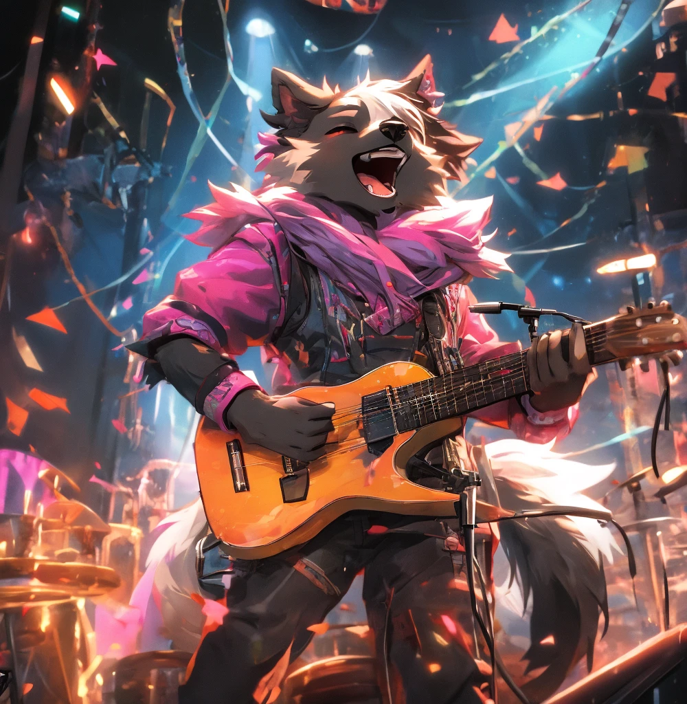 ((snowpride with purple hands and feet and nose only brown colored fur brown in color brown fluffy fur)) , male, brave male, very manly, some muscles, brown fur, blue body, brown skin, purple eye, Shiny eyes, Pixar eyes, perfect eyes, some tears, wearing cowboy hat, wearing cowboy outfit, holding and playing acoustic guitar, singing, (hyper realistic 1.7), long fluffy tail, very large tail, tail up, very furry and fluffy, very large fangs, smiling, perfect ligthing, close up to chest, concert hall background, side View, (dimwitdog 2.7), (thesecretcave 1.9), (zaush 1.6), (cooliehigh 1.9), (R-mk 1.9), (complextree 2.4), (pixelscketcher 1.9), (Cervina7 1.4), (messh 1.9), (eternityzinogre 2.1)