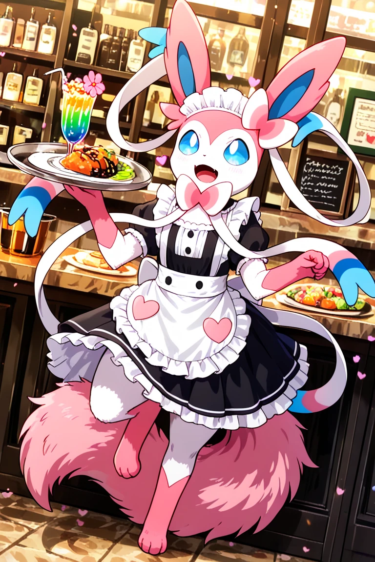 Avatar, portrait, Masterpiece, best quality, perfect anatomy, perfect lighting, perfect focus, vibrant, kawaii, cute, 1boy, solo, adult male, sylveon, anthro, Furry-Eeveelution, otoko no ko, toned, athletic, visible abs, six pack, visible pecs, single braid, pink bows, pink fur, black maid outfit, apron, pantyhose, bulge, cake, standing, white face mask, mouth covering, facing viewer, flexing muscles, landscape is a wall in a cafe at an indoor shopping mall