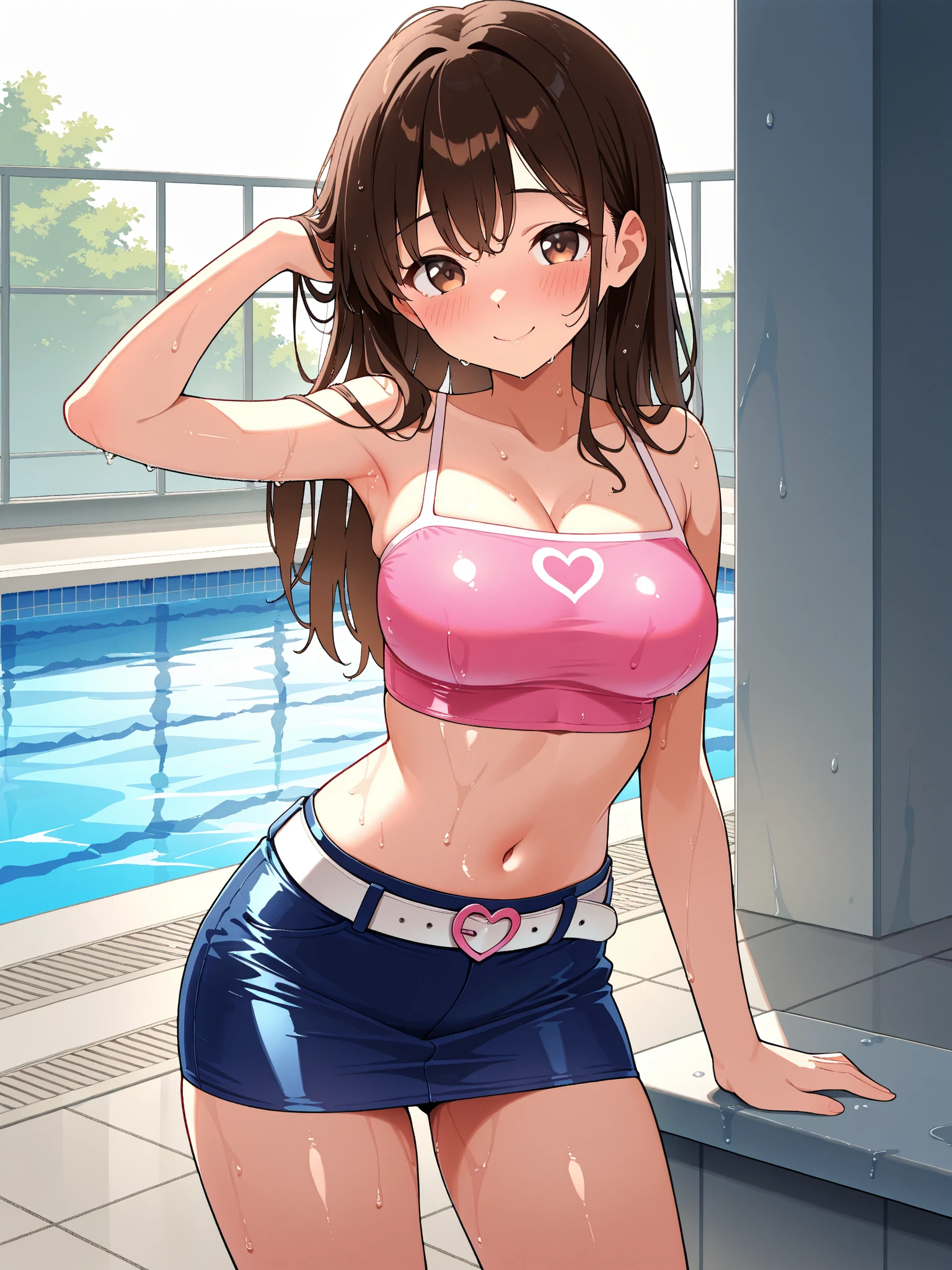 attractive korean woman, ripped muscle, muscular body, small breast, pale skin, smile(blush), nude, skirt, cross pendant, sixpack abs, [ultra detailed skin:1.2], brown hair, long hair, 8k uhd, pussy, full body, crowd, public, poolside, standing, sweat, pubic hair,