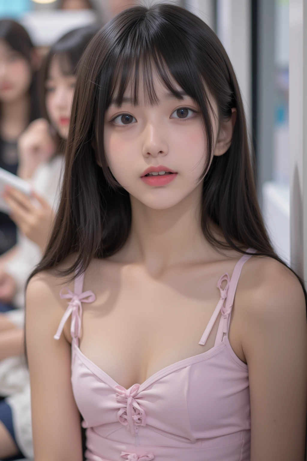 Close-up of face,Blushing,Facing forward,Close-up of face,Small breasts,,Long hair ponytail,concert,On stage,((8K, Raw photo, Best Quality, Mastepiece:1.2), (Realism, Photorealistic:1.4), (Highly detailed 8K wallpapers), Depth of written boundary, Cinematic Lighting, Soft Light, Detailed Beauty Eye,Shiny and smooth light brown ponytail, Asymmetrical bangs, Shiny skin, Ultra-detailed skins ,It is high resolution., High detail, Detailed hairstyle, Detailed facial beauty, Hyper-realistic, Perfect limbs, Perfect Anatomy ,1 Japanese girl,Famous Japanese Idols, Perfect female body,A shy smile,Short eyelashes,Double-edged eyelids,Look straight here,Hair style: ponytail、She is wearing a skirt with lots of frills,The pose is random,Pink frilly dress,Close-up of face