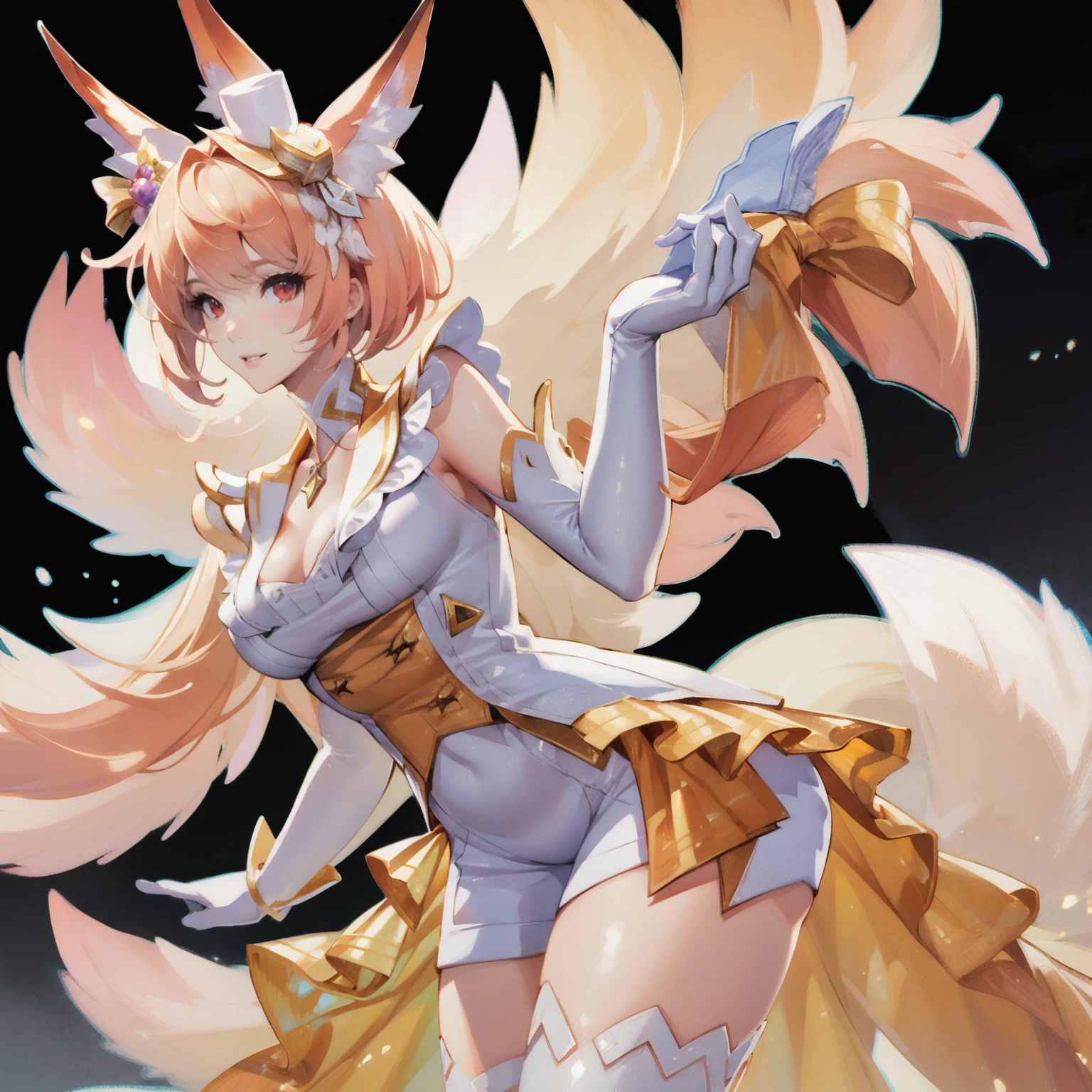(masutepiece:1.0), Ultra Detail, Hyper-Resolution, Highest Quality, 1 female (( ((Solo:2)), mideum breasts, Thin thighs, High resolution, long red hair, Ponytail, highly detailed dark blue eyes, ((Bare shoulders, cleavage of the breast,high leg gold bunny girl)), Highly detailed facial and skin texture, face perfect, perfect bodies, No extra fingers, No extra arms, No extra legs, gaping face, blush, Very sweaty, cross arms behind back)), Background((An inorganic bright space with giant crystals floating in it., Distant view, (blur backgroun:1.0))), (Full body portrait:1.5), 8K Wallpaper.