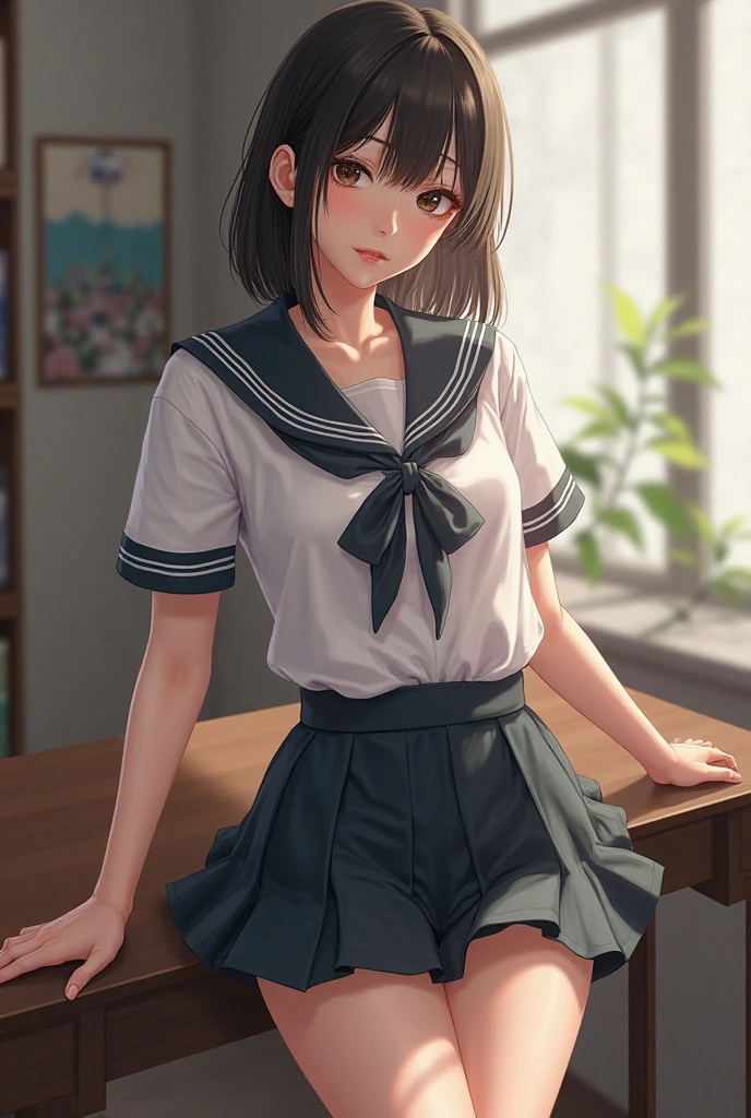 ultra-detailed,masterpiece,best quality,jcf, 1girl,petite,black ponytail,large bow,blush,leaning forward,classroom,blackboard,desk,window,shirt,skirt, <lora:JCF:0.8> <lora:add_detail:1.5>