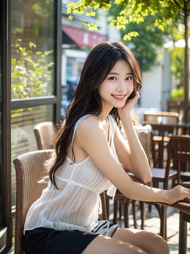 Ulchan-6500-v1.1, (RAW photo:1.2), (Photoreal), beautiful detailed girl, (See-through:1.3), (genuine: 1.4), very detailed目と顔, beautiful and fine eyes, elegant long dress、sitting on the bench、huge file size, High resolution, very detailed, highest quality, [masterpiece:1.6], enlightenment, very detailed, nffsw, finely, highest quality, 8k wallpaper, movie lighting, 1 girl, 17 years old, perfect body shape, Cute droopy eyes、beautiful big eyes、Pieck finger, ((table top)), highest quality, 1 girl, eye shadow, Upper body, portrait, ((full body shot:1.4))、(very affectionate smile:1.2)