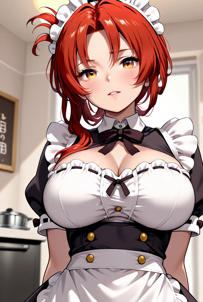 1girl, solo(masterpiece, best quality:1.4), illustration, 8k, hd, 1girl, solo, short_messy_hair, red_hair, dress, white_thighhighs, no underwear, short_sleeves, frills, apron, brown_eyes, cleavage, metal_collar, anchor_choker, maid, white maid, ((big breast, angry, delinquent, bully, piercing, smirk)), (restaurant, maid cafe)