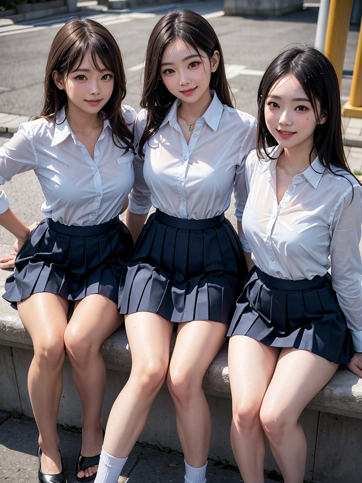 (Highschool girls inside bus:1.4, , cute faces:1.5, triangular face, sitting on bus seat, commute), looking at viewer, ((embarrassed:1.3, delightful smile:1.1)), shy smile, open mouth, silky skins, natural makeup, glossy lips, group shot, (show :0.5), (identical school uniform:1.5, white shirt open chest, see through, dark plaid pleated skirt:1.4), (naked :0.2), (3 girls:1, perfect style), ((slender body, shaggy short hair, hair ribbons)), (show panties), (raw photo:1.4),((highthigh, stockings, legs wide open)), (gentle lighting, 8k, raw photo, idol), BIBE, window with street view on background