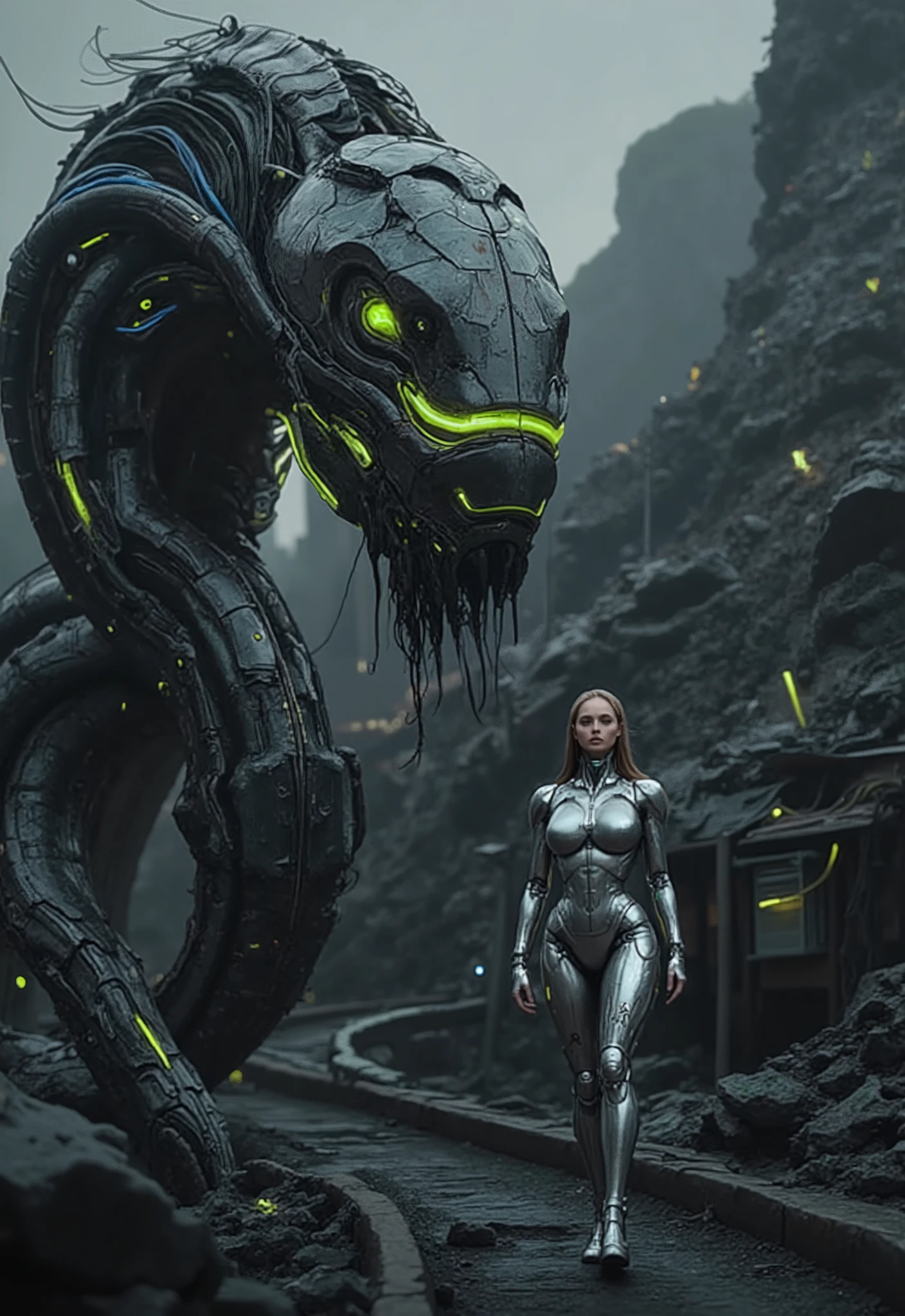 A towering mechanical AI python, its sleek, segmented metallic body glowing with blue and green energy lines, slithering beside a stunning female android. The massive robotic snake coils slightly as it moves, its glowing eyes scanning the path ahead. The female robot, with a lifelike face and a polished silver body adorned with glowing green accents, strides confidently in front of the snake. The background features a dystopian wasteland filled with crumbling metallic structures and glowing machinery, bathed in atmospheric lighting. The cinematic framing emphasizes the scale of the snake and the graceful movements of the android, creating a striking balance of power and elegance.
FuturEvoLab_Green HD 16k