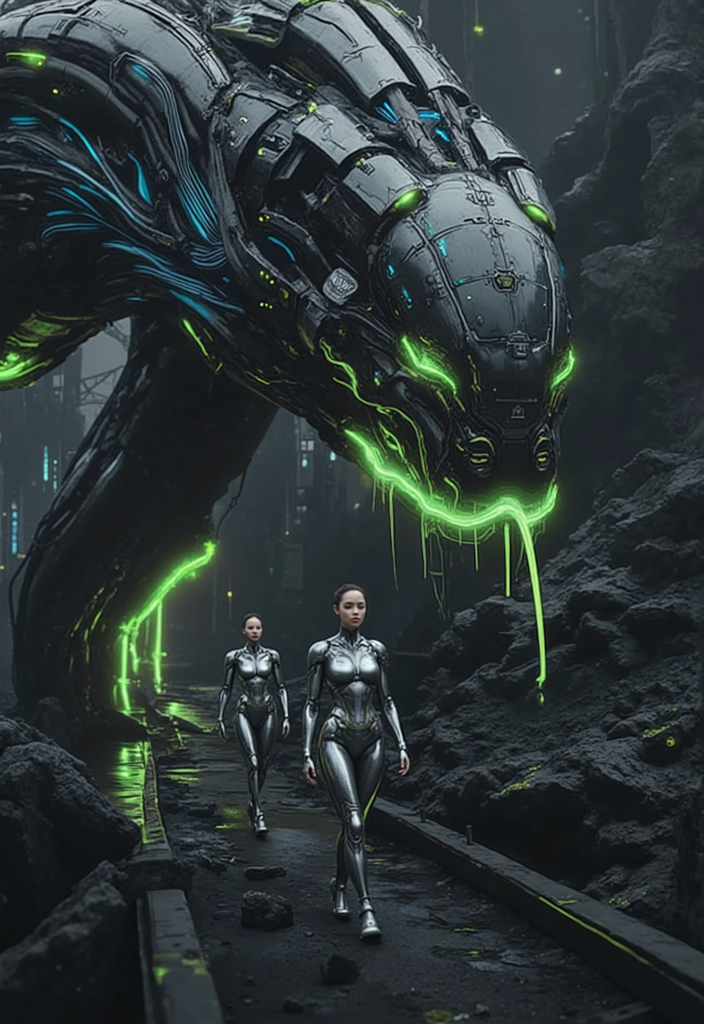 A towering mechanical AI python, its sleek, segmented metallic body glowing with blue and green energy lines, slithering beside a stunning female android. The massive robotic snake coils slightly as it moves, its glowing eyes scanning the path ahead. The female robot, with a lifelike face and a polished silver body adorned with glowing green accents, strides confidently in front of the snake. The background features a dystopian wasteland filled with crumbling metallic structures and glowing machinery, bathed in atmospheric lighting. The cinematic framing emphasizes the scale of the snake and the graceful movements of the android, creating a striking balance of power and elegance.
FuturEvoLab_Green HD 16k