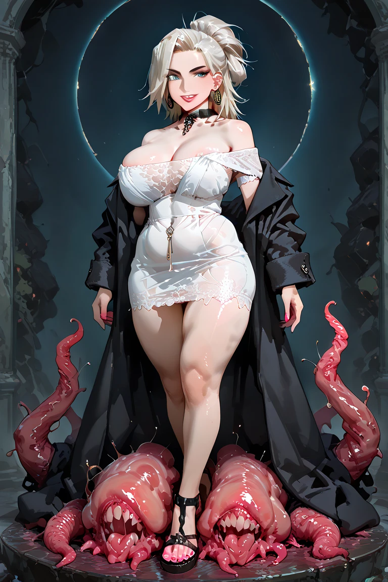 A woman in a blue dress stands in the street, Ross Rush digital painting, Rosla 1. 0, rossdraws sakimimichan, advanced digital anime art, rossdraws 2. 5, rossdraws 2. 0, :: rossdraws, Detailed digital anime art, Extremely detailed Artgerm, beautiful and seductive anime woman, Rose draws cartoon vibrant white hair, Red eyes, Long hair, , exposed , Messy clothes, Huge tits, Huge breasts, Octopus infested, Medusa, Serpentine Demon Queen, Dry and cool, Pregnant belly, Long hair, Zombies vomit blood, many hands, multi leg, Leprechaun, large mouth, multi leg, Eight-legged octopus, Octopus Goblin, Urinary incontinence, Young girl zombie pregnant belly