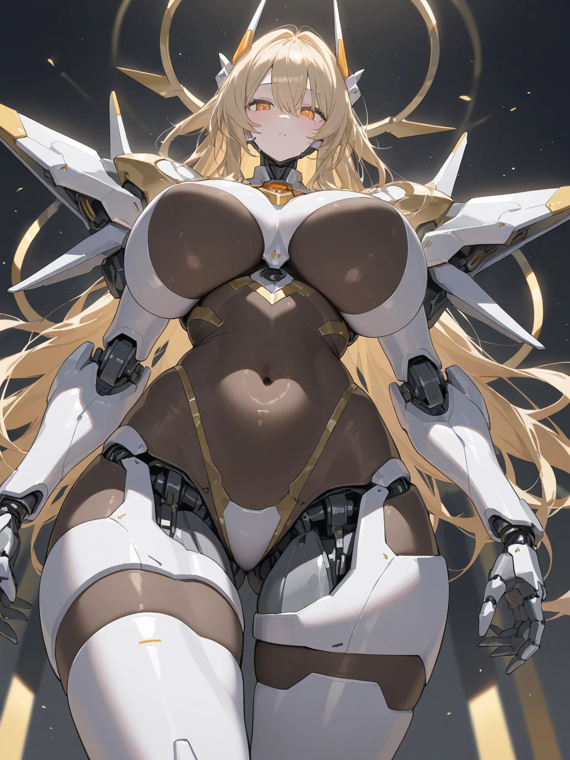 masterpiece, best quality, very aesthetic, absurdres, newest,1girl,(from below, contempt, disgust,looking at viewer,frown),huge_tits,(semen,semen on thigh gap:1.3),mercy(overwatch),1girl, armor,blonde_hair, bodysuit, boobplate, breastplate, breasts,faulds, gloves, gorget, halo, headgear, large_breasts, mechanical_halo, mechanical_wings, nose, pelvic_curtain, ponytail,in garden