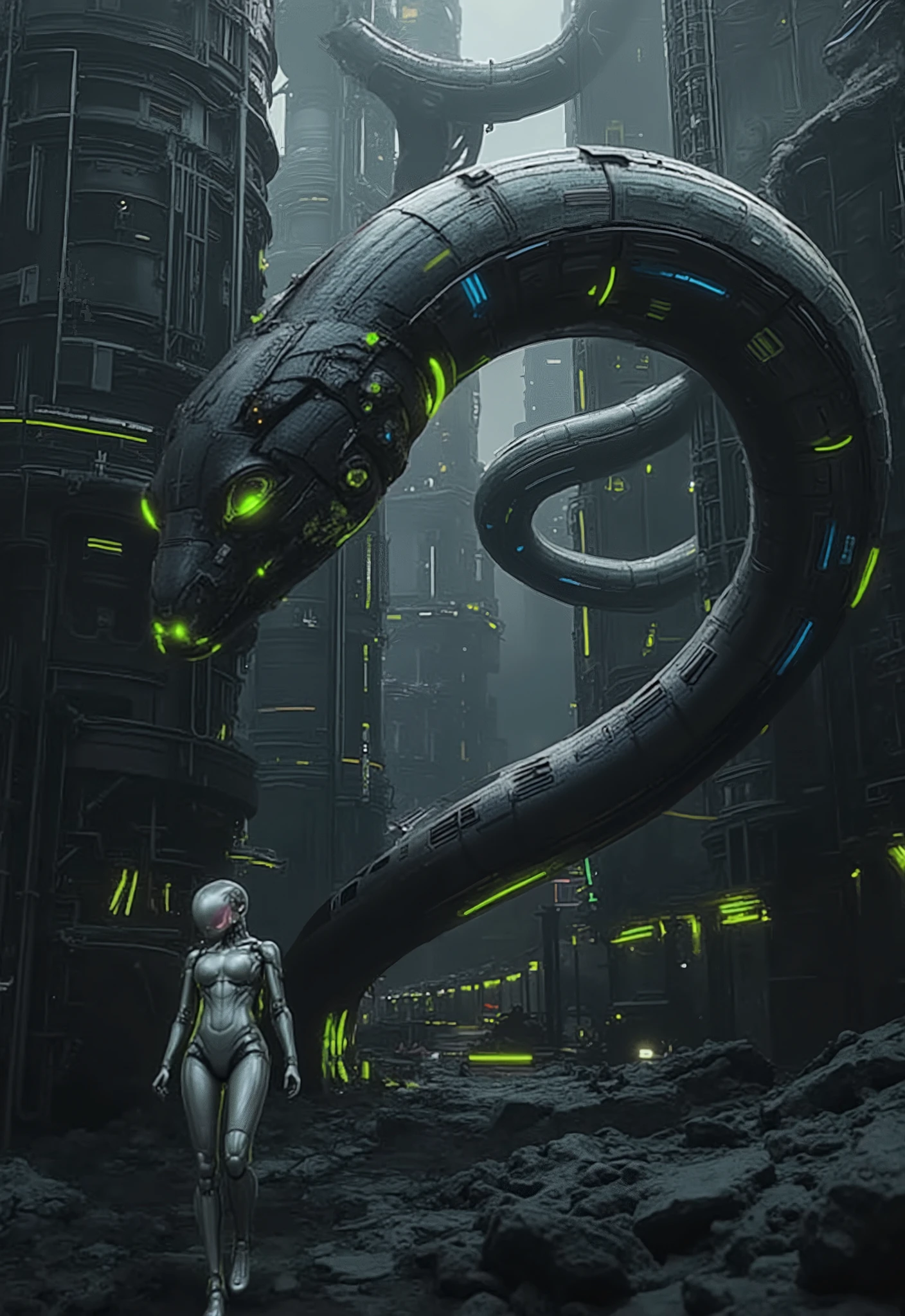 A towering mechanical AI python, its sleek, segmented metallic body glowing with blue and green energy lines, slithering beside a stunning female android. The massive robotic snake coils slightly as it moves, its glowing eyes scanning the path ahead. The female robot, with a lifelike face and a polished silver body adorned with glowing green accents, strides confidently in front of the snake. The background features a dystopian wasteland filled with crumbling metallic structures and glowing machinery, bathed in atmospheric lighting. The cinematic framing emphasizes the scale of the snake and the graceful movements of the android, creating a striking balance of power and elegance.
FuturEvoLab_Green