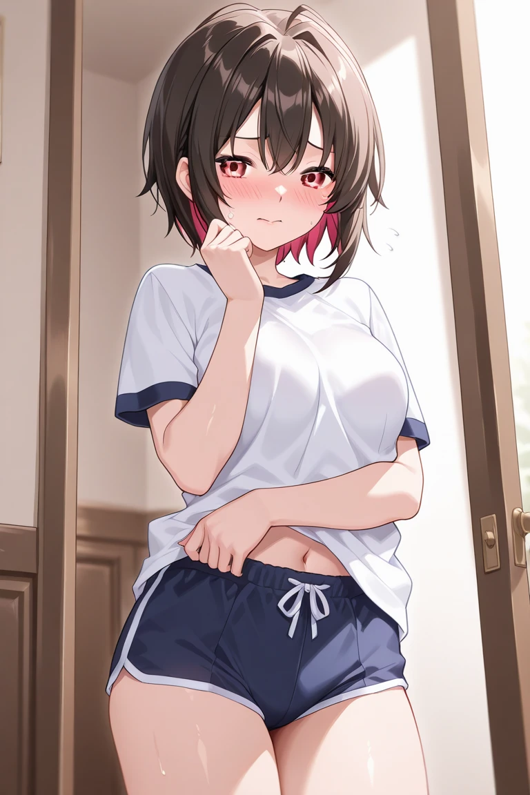 fine、tomboy、Navel exposure、chest、Looking down、chestを強調