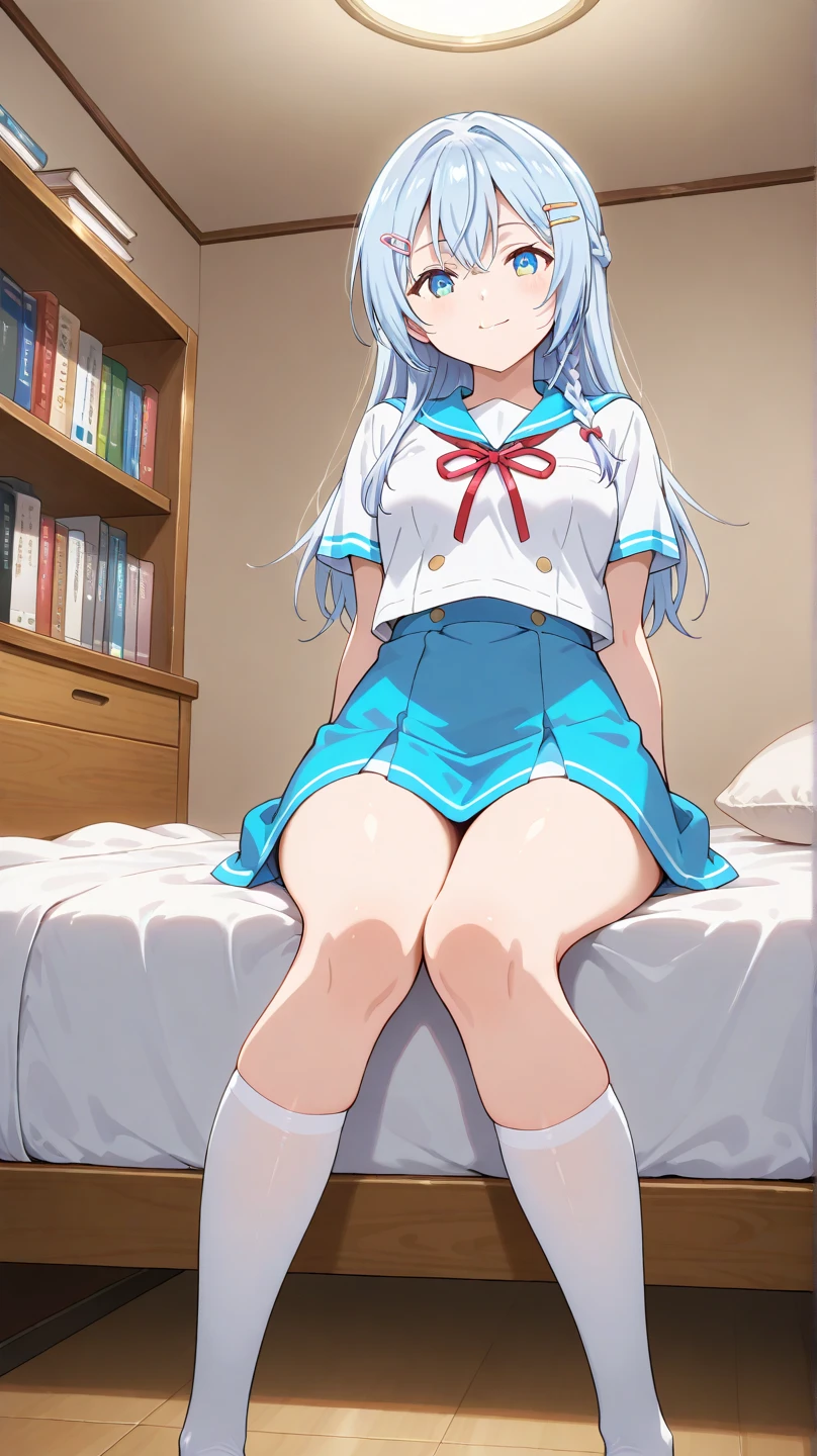 (Masterpiece, Photorealistic, high resolution), ((1girll):1.2), (Masterpiece, Photorealistic, high resolution), ((1girll):1.2), a age girl blue hair, necktie, long hair, blue eyes, bangs,(Loose white shirt, Blue fitness short (medium of breast):1.2, thighs), on top of the bed, lie on the bed, Leather shorts, Panty lines are visible, Pants are Wet
