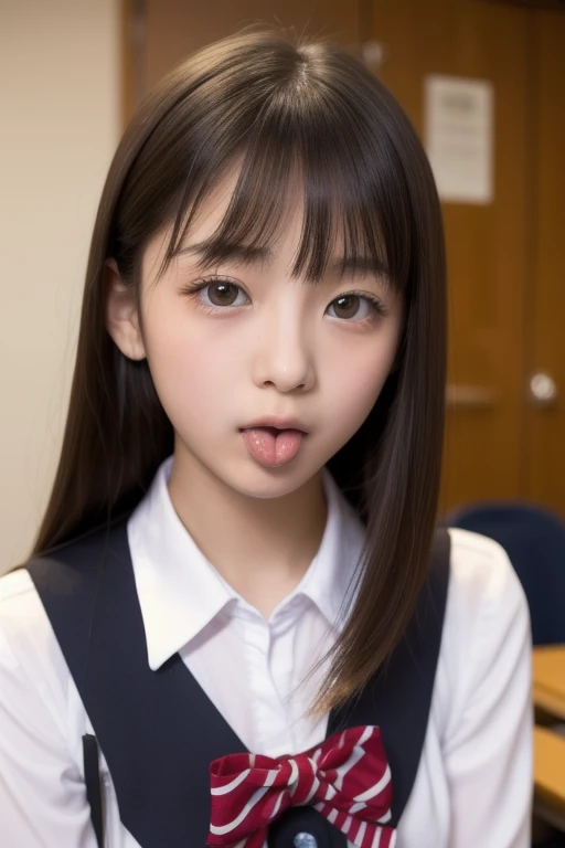 arms between legs,,Short sleeved white shirt,Grey checked tie,Grey checked mini skirt,Navy blue socks,open mouth,tongue out,cum on tongue,Sitting on a black sofa,looking ahead,from above,flont view,face focus,open mouth,tongue out,(1girl,Beautiful 14 year old girl),((Slender,Small breasts,Small face,)),looking at viewer,Black Hair,bangs,straight,Beautiful and detailed,Mischievous smile,Dimly lit room,Simple Background,Black background,