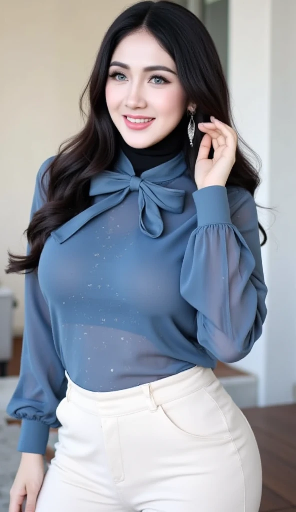 Tabletop, Highest quality, figure, Super detailed, In detail, High resolution, 8k wallpaper, Perfect dynamic composition, Beautiful attention to detail, Wavy long hair,Big breasts Natural color Lips, Sexy pose,smile,Harajuku、25-year-old woman、Beautiful woman、Looking at the camera、Super Real、(((Reality:1.5))),(((blouse:1.5)))、Standing posture、Top view、Brown Hair、blue eyes、(((The Perfect One Woman:1.5)))