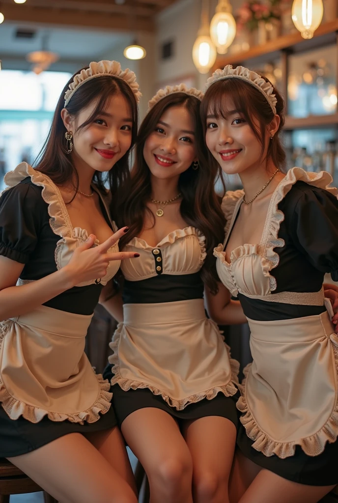 (Photography)(dynamic) Show three Malay females, all in short sleeved French maid costume. Cleavage. Garter belt. Standing pose. Sexy.