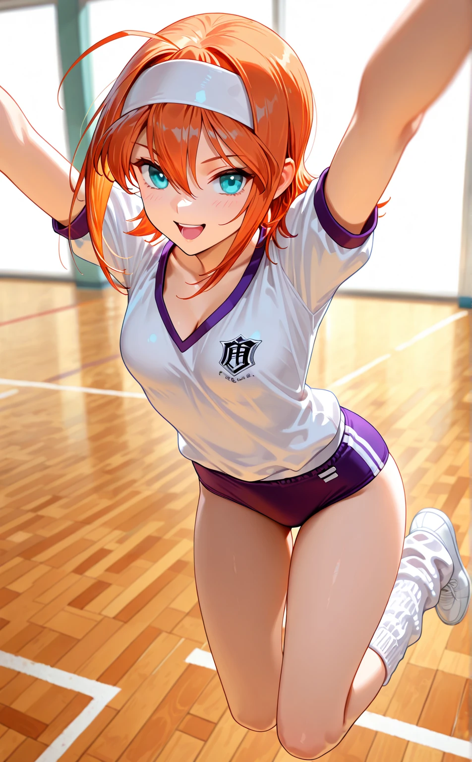 yotsubanakano, Yotsuba Nakano, Bangs, Short hair, Blue eyes, hair between eye, hair bow ribbon, shairband, Orange hair, 白bow ribbon,
Shirt, Bow, bow ribbon, wear basketball team tanktop , basketball shortpants, basketball, basketball court, Indoor, wear black sports tights, basketball, shoes,hitting the ball towards the floor,basketballットコート,Gymnasium BREAK (masutepiece:1.2), Best Quality, High resolution, Unity 8k壁纸, (Illustration:0.8), (Beautiful detailed eyes:1.6), extra detailed face, Perfect Lighting, extremely details CG, (Perfect hands, Perfect Anatomy),