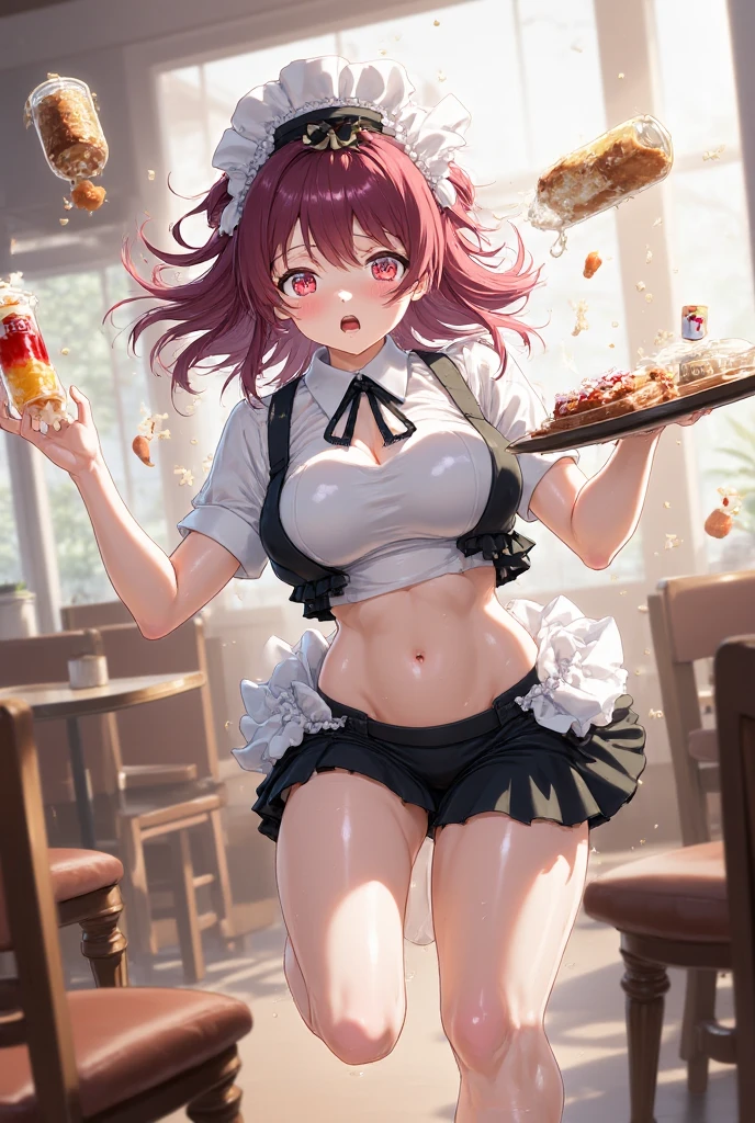 (perky chest:1.2), (pointed chest:1.2),(((Black Tunic:1.3))),(((cakes and bread in the basket),Cute and beautiful girl,masterpiece、highest quality、Very detailed、Beautiful fine details、One Girl、Detailed landscape、Training gym Room Background:1.4、Braided Ponytail、Red camisole、((B cup breasts, Tank top showing underboob:1.3)), black jacket, thigh strap, bangs, necktie, earrings, nail polish, fishnet pantyhose, multicolored hair, looking at viewer, full body, bottle, own hands together, belt, food, animal on head, black necktie, ring, choker, english text paper:1.2, collared shirt, blue eyes, platform boots, hat,lace-up boots ,