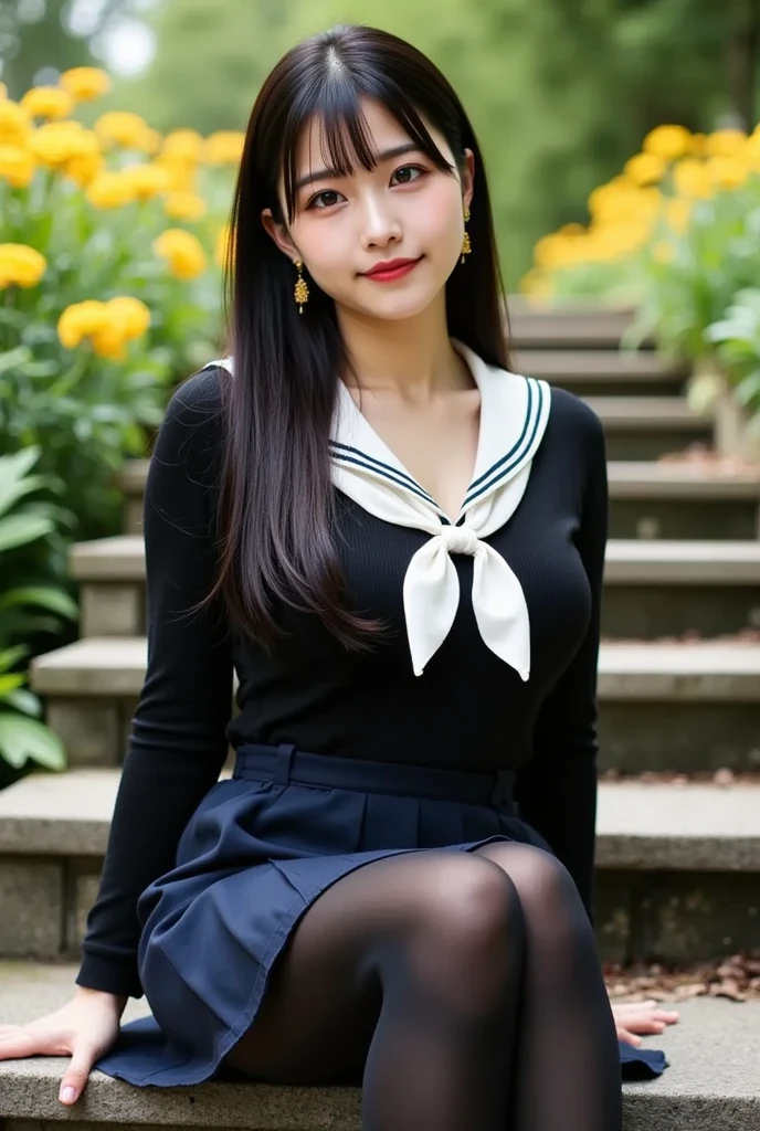 (1 Korean star with royal sister style), ((Best quality, 8K, 巨作: 1.3)), focal point: 1.2, Perfect body proportions: 1.4, (Make a smile), (Ray traching),Watery eyes, Highly Detailed Face and Skin Textur, Fine eyes, Double eyelids, Whitens the skin, (long whitr hair, Air bangs: 1.3), (face round: 1.5), (JK school uniform: 1.4), (Sit on a large European sofa,Show off your figure: 1.6),(black lence stockings: 1.4),(film grain style:1.3),a sense of atmosphere