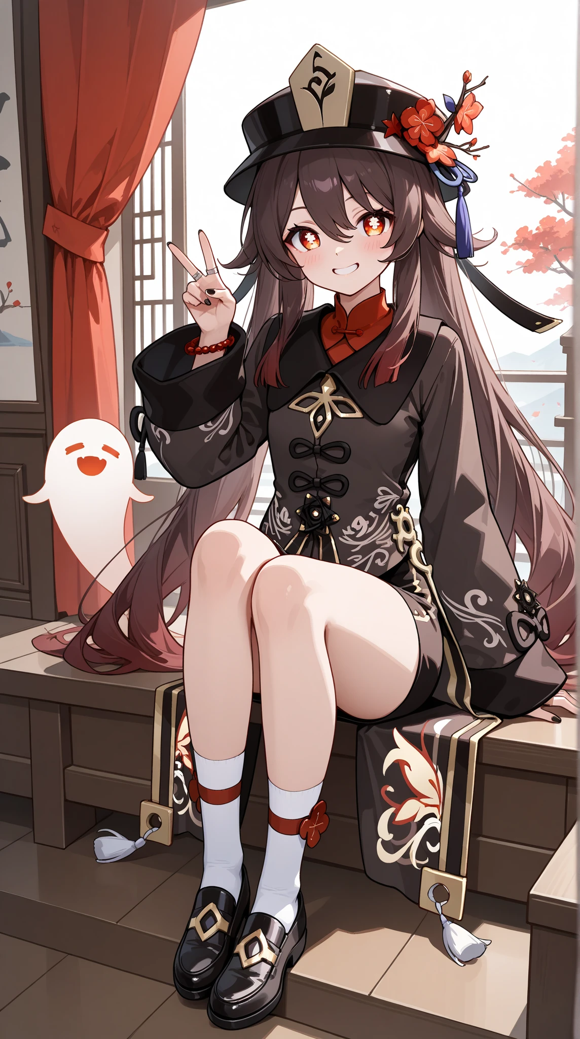 masterpiece, best quality, HuTaoV4, 1girl, solo, looking at viewer, smile, shirt, long sleeves, hat, very long hair, jewelry, sitting, full body, flower, thighs, shoes, shorts, socks, black footwear, grin, black headwear, chinese clothes, black shorts, ring, white socks, red flower, ghost, stairs, hat flower, multiple rings, plum blossoms, porkpie hat, <lora:HuTaoV4:1>