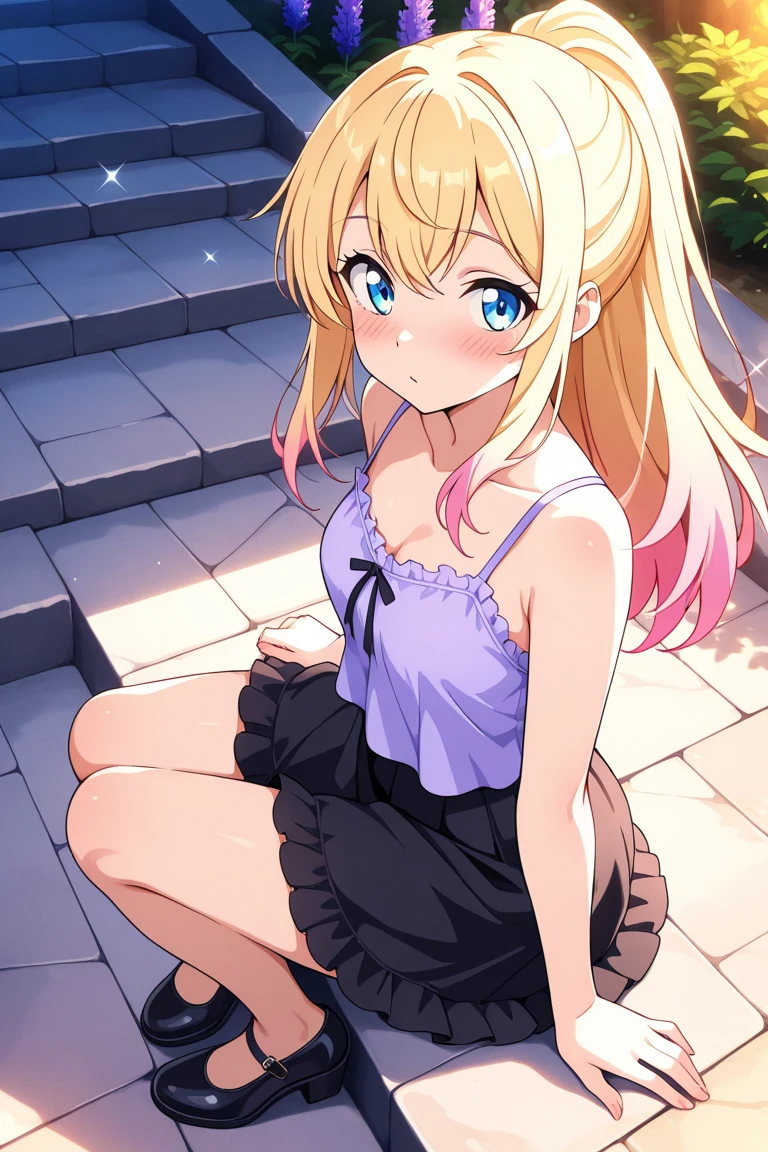 (((Cute blonde woman, long hair with big pink bow, Blue eyes))), cute pink yukata, pink nails, pink lips, pink sandals, heart earring, shy smiling, two hands making a heart, street at night