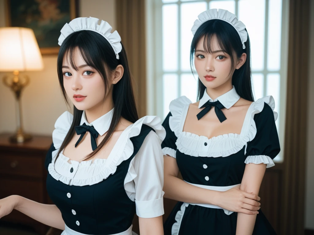 (masterpiece:1.4), (High resolution:1.1), Beautiful detailed face, Beautiful detailed, (Breasts bigger than the face.:1.95, very huge ass:2.15), Four women in their 40s dressed in maid outfits and taking pictures., neckline, very sexy costume, Beautiful maid, It is well known as , (very precise anatomy), sexy dress, soft and complex, in black and white, plump breasts, big breasts, fully dressed, con big breasts, tener big breasts, revealing clothing, sexy costume, fine white, intricate costumes, Japanese girl, Sexy Japanese Gravure Idol, naked body